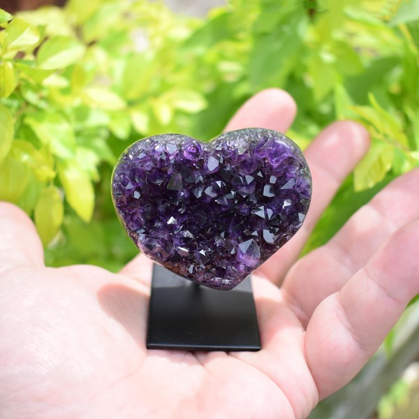 JIC Gem Deep Purple Amethyst Crystal Cluster Natural Druzy Heart 3" AA Color Beautiful Amazing Geodes Spiritual Healing Home and Office Decor with Base