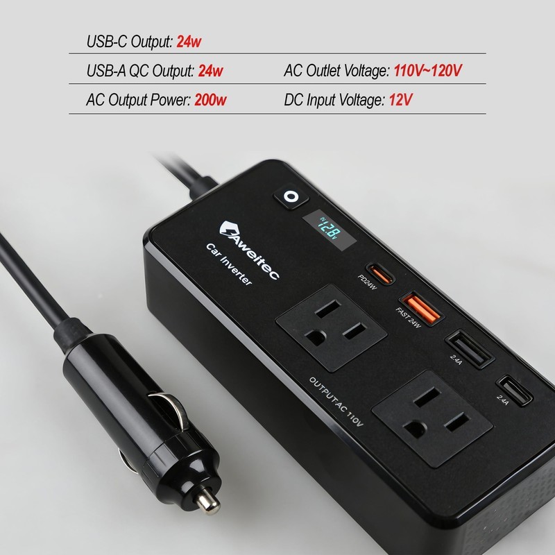 AWELTEC 200W Car Inverter 12V-110V AC Converter LED USB-C PD
