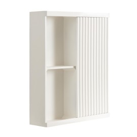 Kate and Laurel Furrow Modern Wooden Ribbed Sliding Door Tall Wall Cabinet, 22 x 7 x 28, White, Floating Bathroom Cabinet with Sliding Door for Use as Over-The-Toilet Storage or Kitchen Spice Rack