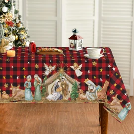 Horaldaily Christmas Tablecloth 60×60 Inch, Holy Nativity Red Buffalo Plaid Washable Table Cover for Party Picnic Dinner Decor