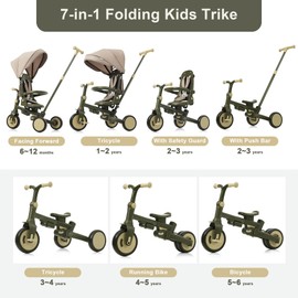 7-in-1 Foldable Kids Tricycle for 1-6 Years with Adjustable Push Handle, Removable Canopy & Pedals, Lightweight Aluminum Alloy, Safety Guard, Portable Toddler Bike (7-in-1, Dark Green)