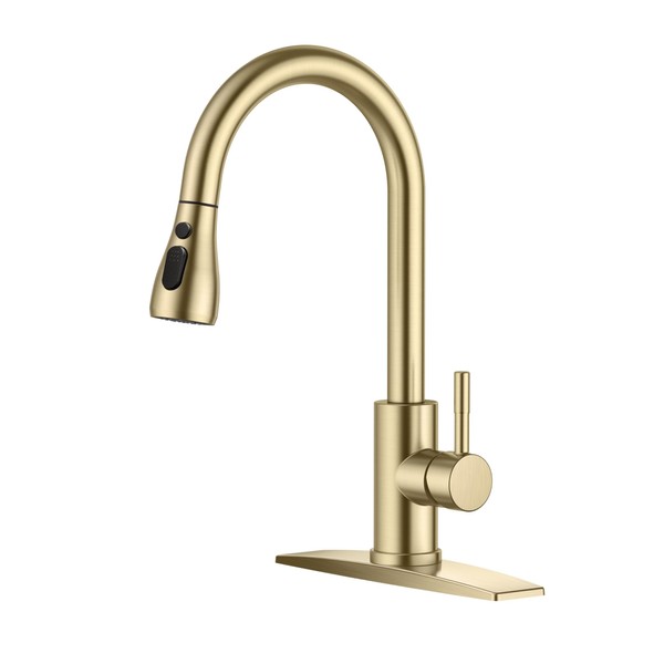FORIOUS Gold Kitchen Faucets with Pull Down Sprayer, Kitchen Sink Faucet with Pull Out Sprayer, Fingerprint Resistant, Single Hole Deck Mount, Single Handle Copper Kitchen Faucet, Champagne Gold