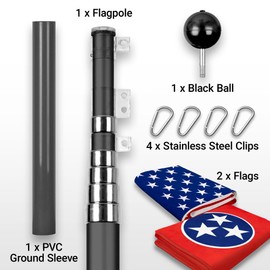 G128 Combo Pack: 25 Ft Telescoping Aluminum Flagpole (Black) & American and Tennessee Flags 3x5 Ft, Both ToughWeave Series Embroidered Polyester | Pole with Flags Included