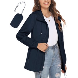 Avoogue Hooded Raincoat Women Patchwork Spring Jacket Breathable Outwear with Pockets Navy Blue XL