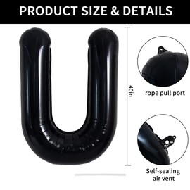 TONIFUL 40 Inch Large Black U Letter Balloons Jumbo Helium Balloons,Foil Mylar Big Alphabet Balloons for Birthday Party Anniversary Supplies Decorations