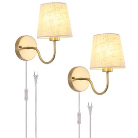 LASENCHOO Plug in Wall Sconces Set of Two, Modern Wall Lamp with Plug in Cord 6.56ft & On/Off Switch with Fabric Lampshade, Gold Sconces Wall Lighting Fixture for Bedroom Bedside Living Room Porch