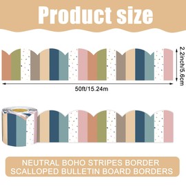 50 Ft Boho Bulletin Board Border Scalloped Classroom Border Roll Stripe Polka Dot Border Trims Boho Colorful Bulletin Board Decorations for School Classroom Office Wall Chalkboard Decor