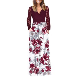 AUSELILY Womens Long Sleeve Maxi Dress 2026 Fall Lace Long Sleeve Dress V Neck Wrap Waist Long Dresses with Pockets Red Flower White L