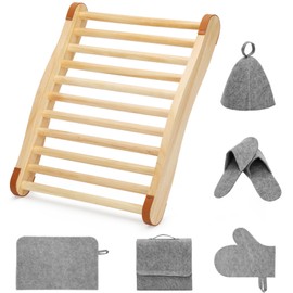 Sauna Backrest Sauna Accessories, S-Shape Wooden Slip-Resistant Non-Toxic Design Sauna Chair with Felt Sauna Hat, Sauna Gloves, Seat Pad, Slippers and Storage bag for Any Barrel or Infrared Sauna