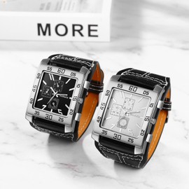 JewelryWe Square Leather Wrist Watch for Men Punk Analog Quartz Watch Black Casual Business Dress Watches for Xmas
