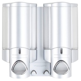 Better Living Aviva Shower Dispenser 2 Chamber, Wall Mount Shower Soap Dispenser for Bathroom Hotel Body Wash, Built-in Hooks, No Drill, Waterproof Shampoo Soap Dispenser, 2 x 11 oz, Satin Silver