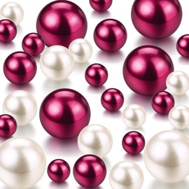 Hicarer 120 Pieces Pearl for Vase Filler Pearl Bead Vase Centerpieces Bead for Brush Holder Assorted Round Faux Bead for Home Wedding Table Decor, 14/20/30 mm (Creamy White, Bright Wine Red)
