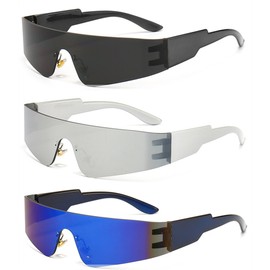 Zundo Pack of 3 Rimless Y2k Sunglasses, Punk Rimless Glasses for Men and Women, Rimless Y2K Sunglasses, UV Retro Punk Stylish Sunglasses, Black, blue, silver