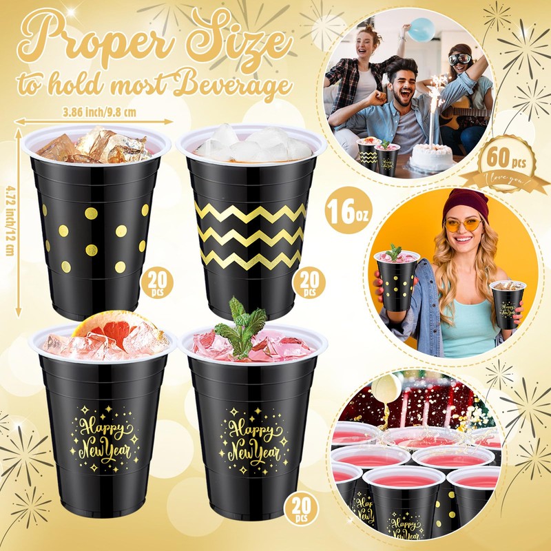 60 Pcs Happy New Year Plastic Cups Bulk 16 oz