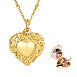 KINGWHYTE Heart Locket Necklace 925 Sterling Silver 14K Gold Plated Celtic Heart Pictures Photo Pendant Jewellery Gifts for Women Girls 18+2inch Chain of Beads