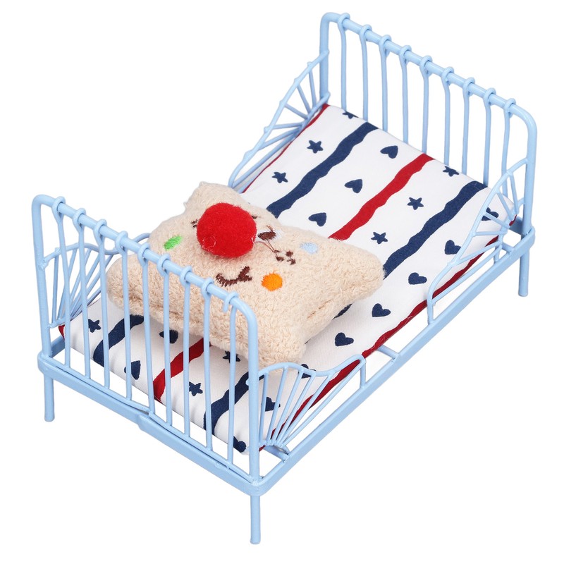 1:12 Miniature Bed Metal Structure Cute Pattern Sponge Cloth Mattress