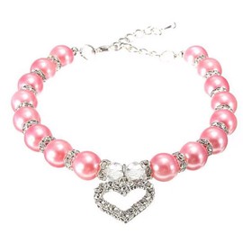 Ling & Bai Pet Supplies Pearl Necklace Dog Love Diamond Pendant Collar Rhinestones Jewelry for Puppy and Kitten (Pink, L)