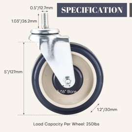 MYFULLY 5" Shopping Cart Caster Wheel Replacement Wheels Kit, Polyurethane Stepped and Full Tread Face Caster Wheels with Hardware, TPU Silent Supermarket Wheels for Supermarket, 4 Pack (Blue)
