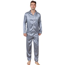 AISOMNUS-Mens Silky Satin Pj Sets sliver stripe pattern Pajamas Set Long Sleeve Top and Long trousers Nightwear Button Pj Sets Sleepwear-Sliver-XL