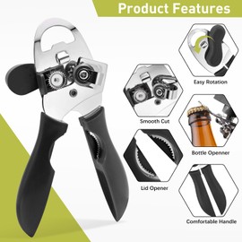 Tin Opener, Lychico 4-in-1 Can Opener Handheld Heavy Duty Stainless Steel Can Openers with Multifunctional Bottle Opener, Black
