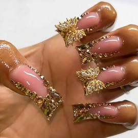 RUOKEXIN Long Press on Nails Duck Fake Nails Gold Glitter French Tip False Nails with Gold 3D Butterfly Designs Duck Nail Press ons Glossy Artificial Nails Cute Stick on Nails for Women 24Pcs