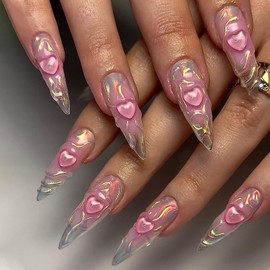 Press on Nails Extra Long Almond Tip Nails 3D Pink Love Heart Design False Nails Artificial Acrylic Nails Full Cover Reusable Coffin Nails Nature Fit Fake Nails Glue on Nails for Women Kit 24Pcs