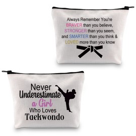PXTIDY Taekwondo Girl Cosmetic Bag Martial Art Karate Survival Kit A Girl Who Loves Taekwondo Black Belt Student Travel Toiletry Bag Taekwondo Mom Coach Gift (Beige)
