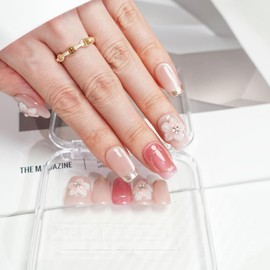 PERILLA 10PCS Handmade Press On False Nails Short Square-3D Flowers Pink Cat Eyes Design Nails with Nail Glue, Natural Reusable Stick on Acrylic Nails (1, Large)