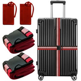 2 Pack Luggage Straps and 2 Pack Tags Sets for Suitcases, 2M x 5cm Adjustable Suitcase Belts with Quick Release Buckle, Bag Strap Case Belts - Red Pink