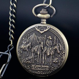 Tiong Pocket Watch Engraved Cowboy Arabic Numerals Quartz with Chain Gifts