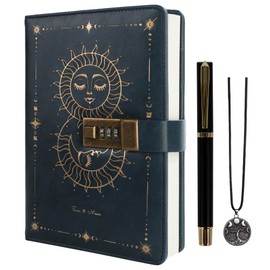 TIEFOSSI Diary with Lock, Sun & Moon Journal with Lock for Women Men, A5 Refillable Notebook with Lock for Writing, 224 Numbered Pages