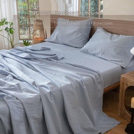 MooMee Bedding Sheet Set 100% Washed Cotton Linen Like Textured Breathable Durable Soft Comfy (Cornflower Blue, Twin)