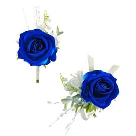 Juego de Ramillete y Boutonniere Blanco Azul Real para Bailes de Boda, Pulseras de Ramillete de muñeca de Flores de Rosa Artificiales, Pulsera de Ramillete de Regreso a casa, decoración de