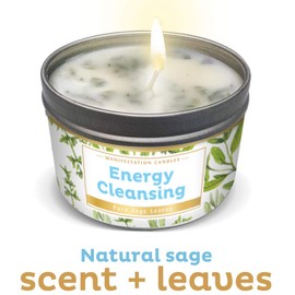 Manifestation Candle White Sage Leaf & Scent, Smudge Candle for House Energy Cleansing, Banishes Negative Energy I Purification and Chakra Healing - Natural Soy Wax Tin for Aromatherapy (Sage Leaf)