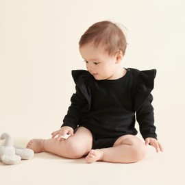 O2 BABY Organic Cotton Onesie Baby Girl Ruffle Romper Long Sleeve Bodysuit Jumpsuit with Headband Outfit Set for Infant(0-3Months, Dark Black)