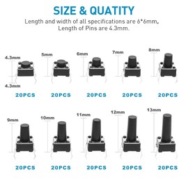 QIOON 200 Pcs 10 Types Micro Momentary Tact Tactile Push Button Switch Assortment Kit 6 X 6 X 4.3/5/6/7/8/9/10/11/12/13mm, Industrial Accessory Hardware Parts (Black)