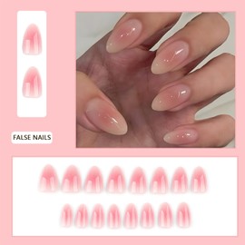 24Pcs Square False Nails Short, Pink Gradient French Tip Press on Nails, Glossy Removable Glue on Nails with Glue, Acrylic Full Cover Stick on Nail for Women and Girls