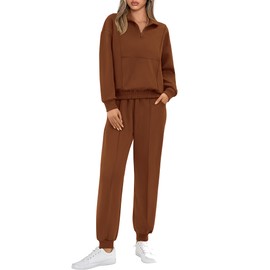 BTFBM Women 2024 Two Piece Tracksuits Sweatsuits Fall Winter Clothes Quarter Zip Sweatshirt Jogger Pants Y2K Lounge Sets(Brown, X-Large)