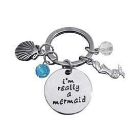 Art Attack Really A Mermaid Tale Keychain, Sea Shell Ocean Blue Bead Tail Pendant Bag Charm Key Chain (Silver)