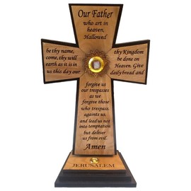 Olive Wood Lord's Prayer Cross from the Holy Land - Language: English