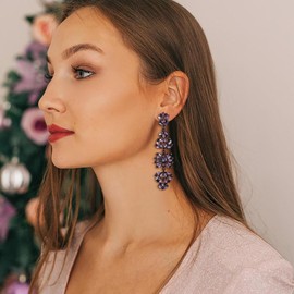 EVER FAITH Statement Dangle Earrings for Women, Costume Wedding Party Jewelry Marquise Crystal Cluster Bohemia Chandelier Long Earrings Purple Black-Tone
