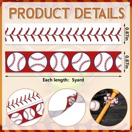 Hying 2 PCS Baseball Ribbons for Crafting, 4/5" Width Red White Grosgrain Ribbons Softball Ribbon Sports Balls Craft Ribbons for Gift Wrapping DIY Sports Birthday Decorations-10 Yards