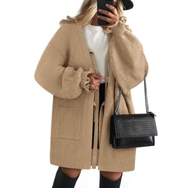 COCCKO Womens Chunky Ruffle Sleeve Cardigan with Pockets Open Front Cute Loose Bow Tie Up Cardigans for Women Camel M