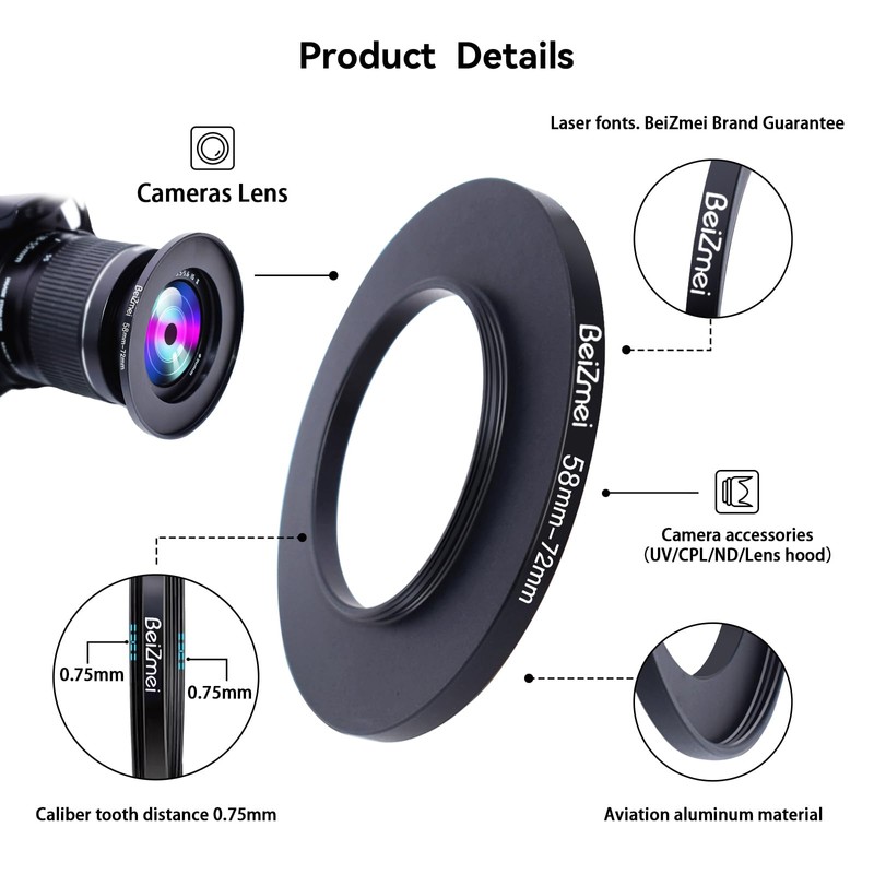 58mm to 72mm Filter Adapter Compatible with All 58mm Lenses