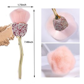 WOKOTO 1pcs Rose Nail Dust Brushes Embedded Pink And White Rhinestones For Acrylic Nails Powder Remover Brushes Trimming Cleaning Tools Loose Face Cosmetics Blending Foundation Powder Make Up Brushes