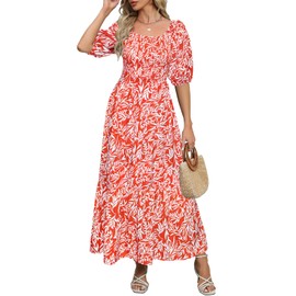 Lyrur Women's Maxi Dress with Pockets Summer Casual Sundress Puff Sleeve Square Neck Smocked Tiered Long Dress(XL,7017-Red Floral)
