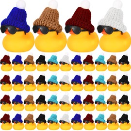 Chivao 48 Mini Patos de Goma con 48 Gafas de Sol y 48 Piezas Juegos de Gorros de Tejer, Juguete de Baño de Patito de Goma Ducha Patos Bañera Juguetes para Fiesta de Cumpleaños