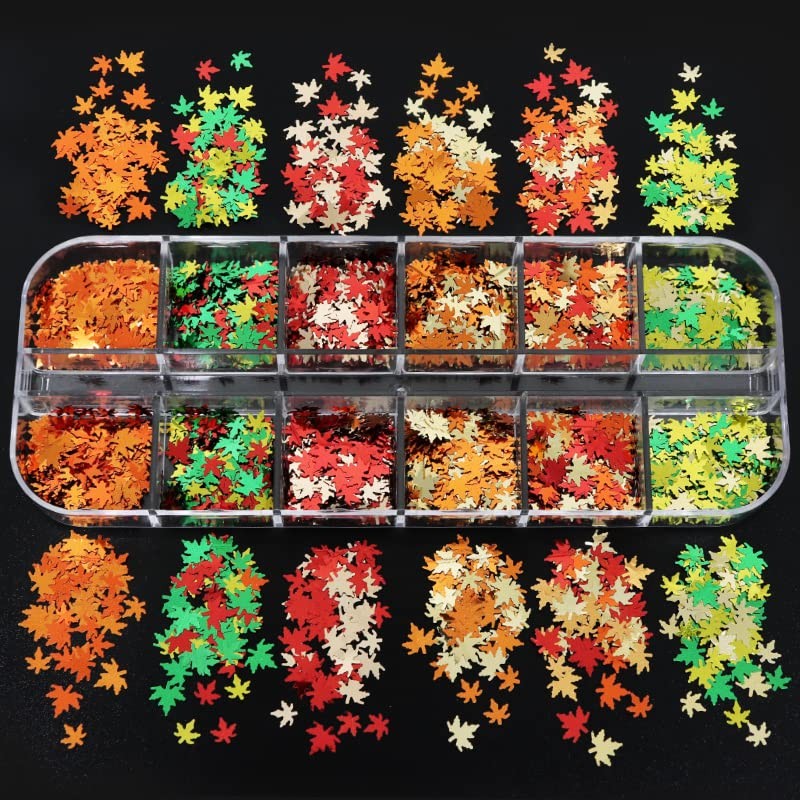 12 Grids Autumn Maple Leaf Nail Art Glitter Sequins Fall