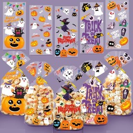 Yakiter 100Pcs Bolsas de Celofán para Halloween,Embalaje Bolsa de Halloween,5 Estilos Plástico Bolsas de Regalo,con Lazo Torcido,Paquetes Almacenamien