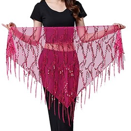 Wuchieal Women's Belly Dance Sequin Triangle Hip Scarf Sequins Mesh Triangle Wrap Skirts Dark Pink